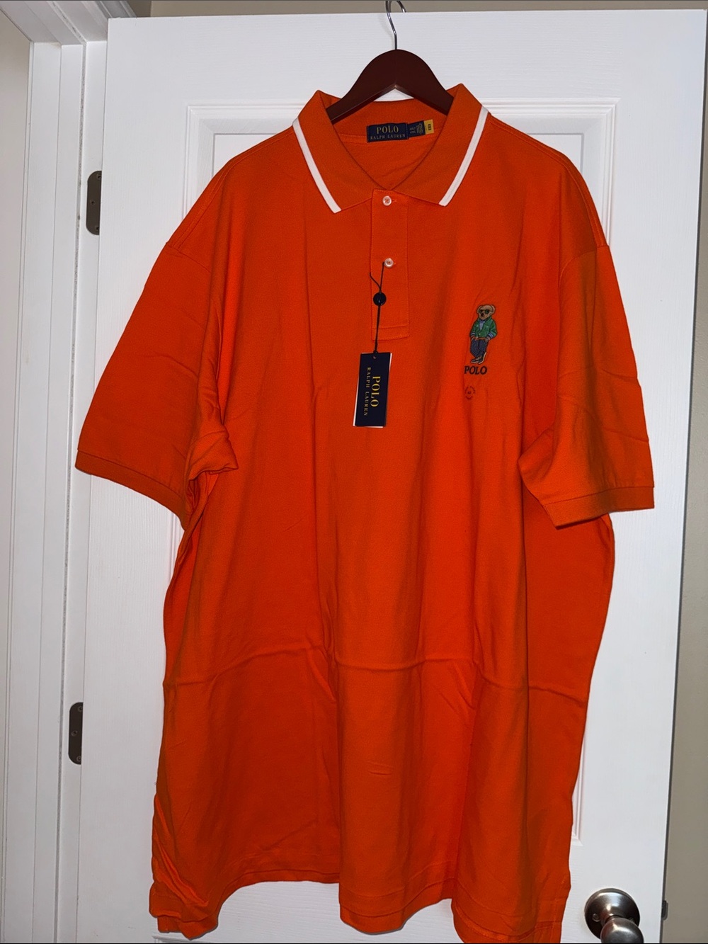 Polo by Ralph Lauren Orange Polo with Bear Motif and White Trim